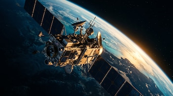 Satélite metálico con paneles solares y antenas desplegadas sobre el fondo del planeta Tierra y la luz del sol.