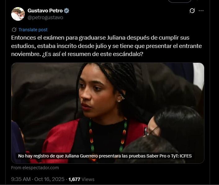 La certificación del ICFES revela que Juliana Guerrero no presentó los exámenes Saber Pro ni Saber TyT - crédito @petrogustavo/X