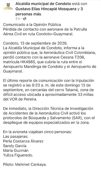 El cerro Tatamá, en cercanías del cual se registró el último contacto con la aeronave. La zona es de difícil acceso y está ubicada aproximadamente a 33 millas del VOR de Pereira -crédito Alcaldía Municipal de Condoto/Facebook