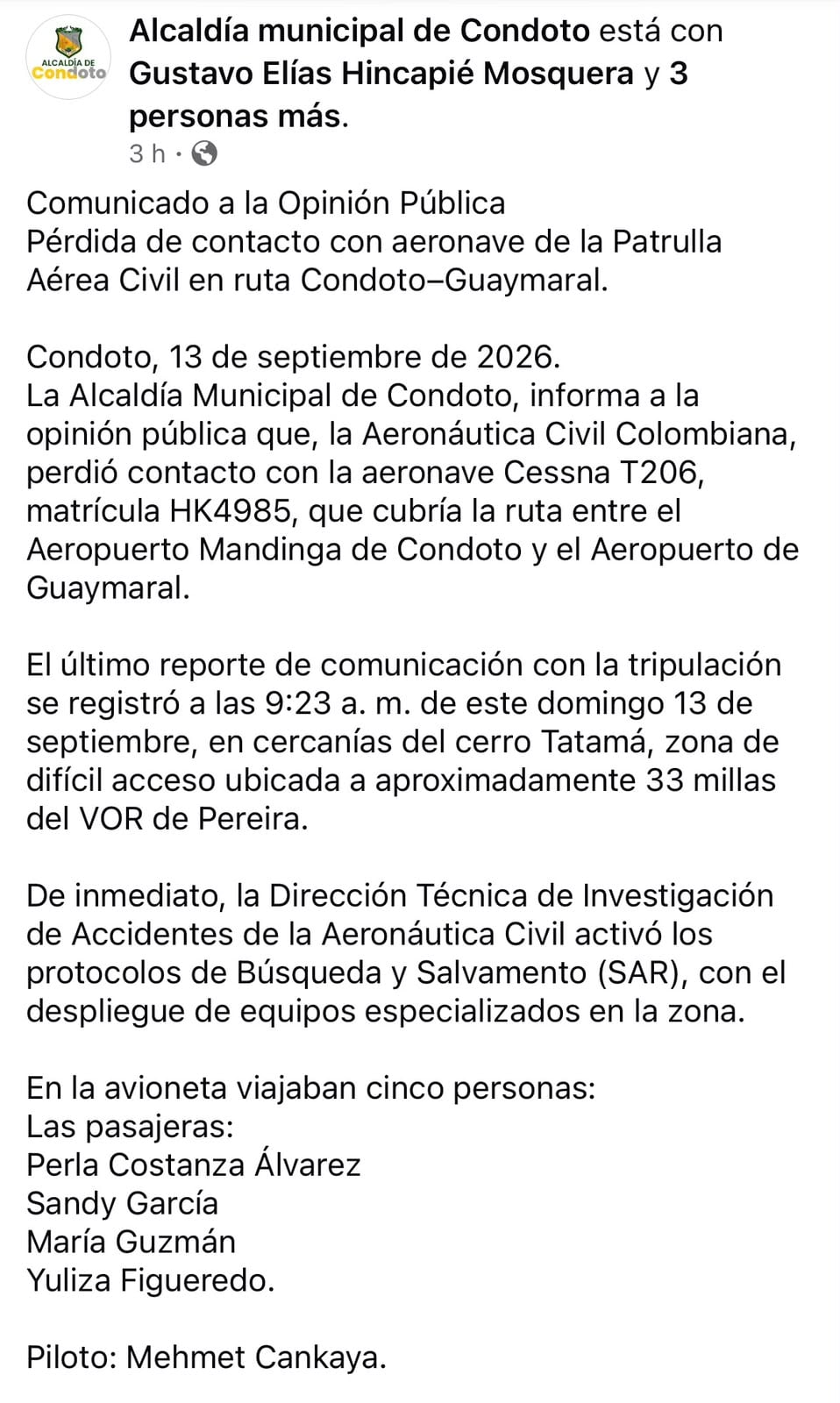 El cerro Tatamá, en cercanías del cual se registró el último contacto con la aeronave. La zona es de difícil acceso y está ubicada aproximadamente a 33 millas del VOR de Pereira -crédito Alcaldía Municipal de Condoto/Facebook
