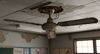 Un ventilador de techo viejo y oxidado con aspas sucias y dañadas cuelga de un techo agrietado y parcialmente desprendido. Se observan cables eléctricos expuestos.