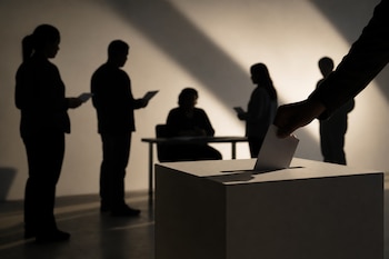 Una mano introduce un papel en una urna en primer plano, mientras varias personas permanecen en silueta al fondo.