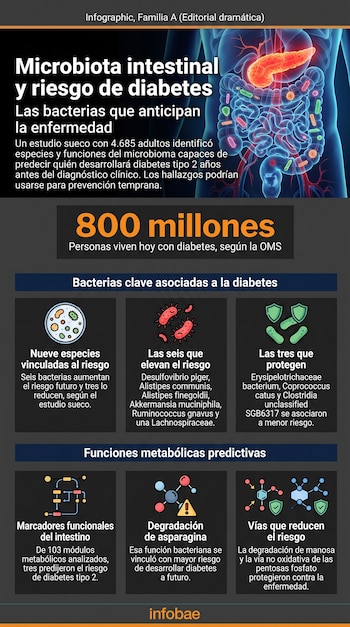 Infografía: diagrama de cuerpo humano con intestinos y páncreas, texto sobre diabetes, cifra de 800 millones, bacterias clave y funciones metabólicas.