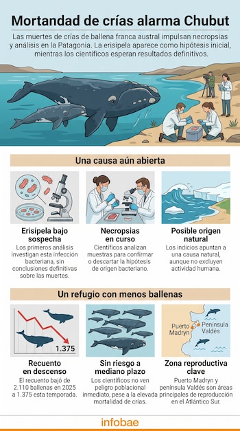Una infografía muestra ilustraciones de ballenas, científicos en la costa tomando muestras, microscopios, bacterias y un mapa de Chubut.