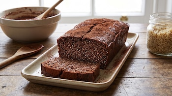 Budín de chocolate con una rebanada cortada en una bandeja; un bol con masa, una cuchara de madera y un frasco con quinoa cruda sobre una mesa.