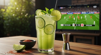 Vaso con bebida verde, pepino, limón y menta. Tazón de chile, cuña de limón, medidor metálico. Mesa de madera. Televisor con partido de fútbol.