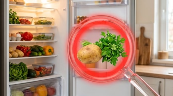 Refrigerador doméstico abierto con el interior iluminado y alimentos frescos organizados, donde una lupa roja resalta una papa y un ramo de perejil.