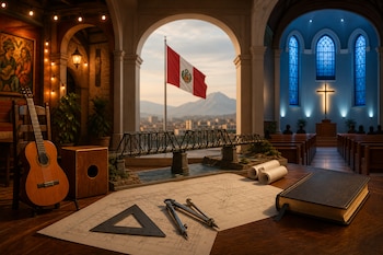 Una guitarra, un cajón, planos con compás, la maqueta de un puente, un libro cerrado, la bandera de Perú y el interior de una iglesia.