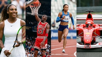 Imágenes verticales de Serena Williams sonriendo con raqueta, Michael Jordan haciendo un mate, Allyson Felix corriendo y Michael Schumacher en un coche de F1.