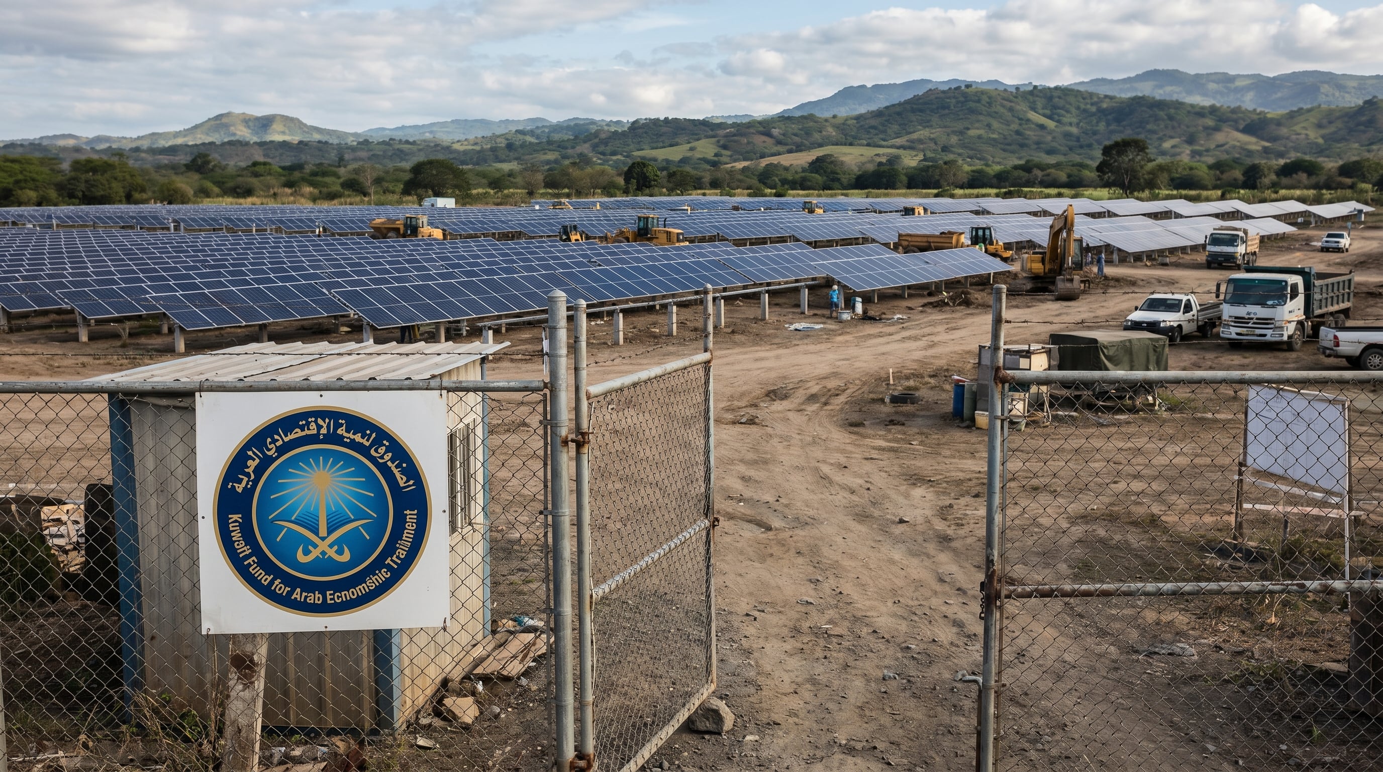Fotografía documental de la construcción de una planta solar fotovoltaica en El Salvador, mostrando paneles solares parcialmente instalados, maquinaria de obra y el logo del Fondo de Kuwait para el Desarrollo Económico Árabe en primer plano. (Imagen Ilustrativa Infobae)