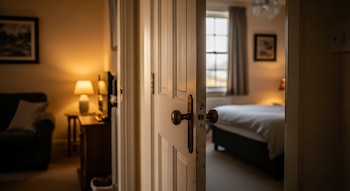 Primer plano de una puerta blanca entreabierta con pomo y placa dorados. Se aprecian dos habitaciones: a la izquierda, una sala con sofá y lámpara; a la derecha, un dormitorio con cama.