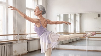 Ilustración de una bailarina adulta con cabello gris recogido, maillot lila, falda blanca y zapatillas de punta, en un estudio de ballet con barras y espejos.