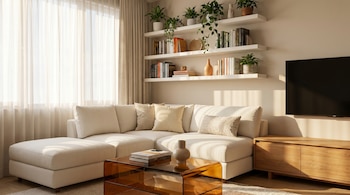 Sala de estar moderna con sofá seccional crema, cortinas claras, estantes con plantas y libros, mesa de centro de cristal, y televisor montado sobre mueble de madera.