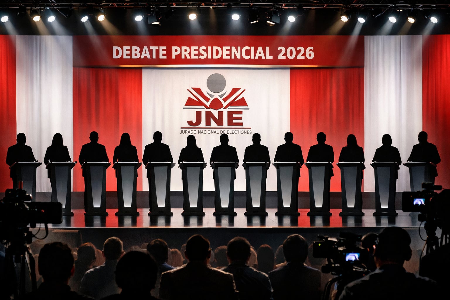 Once candidatos presidenciales aparecen como siluetas detrás de sus atriles en un escenario iluminado, con el logo del JNE y los colores de la bandera peruana, marcando el inicio del debate electoral 2026. (Imagen Ilustrativa Infobae)