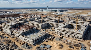 Edificios en construcción, grúas, materiales de obra, un helipuerto. Al fondo, viviendas y un aeropuerto con terminal, torre y pistas.