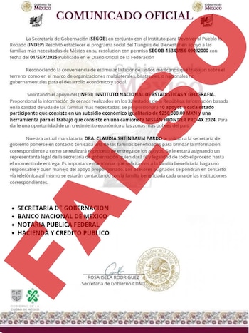 Documento impreso con escudos oficiales, texto mecanografiado y la palabra FALSO escrita en letras grandes de color rojo