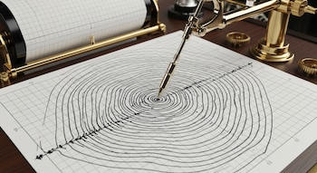 Una pluma de sismógrafo dorada traza círculos concéntricos en un papel cuadriculado blanco. Al fondo, se observa un rodillo de papel de sismógrafo.