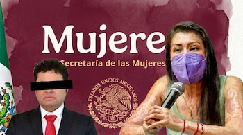 Mujer con mascarilla morada y micrófono. Fondo borgoña con texto "Secretaría de las Mujeres", bandera y escudo de México. Hombre de traje con ojos cubiertos.