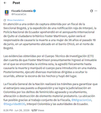 La Fiscalía confirmó la captura del señalado de asesinar a Natalia Villalba Angarita - crédito Fiscalía General de la Nación