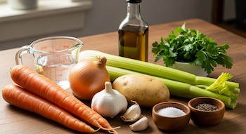En una mesa de madera se ven zanahorias, una cebolla, ajo, una papa, tallos de apio, perejil, un medidor con agua, botella de aceite, sal y pimienta.