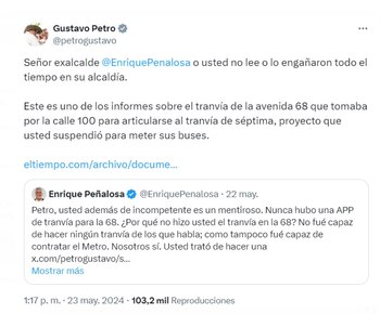 Petro respondió sugiriendo que Peñalosa no estaba bien informado o había sido engañado, compartiendo un informe que respaldaba la propuesta de tranvía durante su mandato - crédito @petrogustavo/X