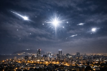 Vista panorámica nocturna de una ciudad con edificios altos iluminados y un cerro al fondo. El cielo oscuro y nublado presenta destellos de luz blanca.