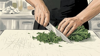 Ilustración de dos manos que cortan hojas verdes con un cuchillo sobre una tabla blanca de picar.