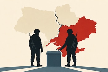 Siluetas de dos soldados con fusiles al hombro flanquean una urna frente a un mapa dividido de Ucrania sobre fondo beige.