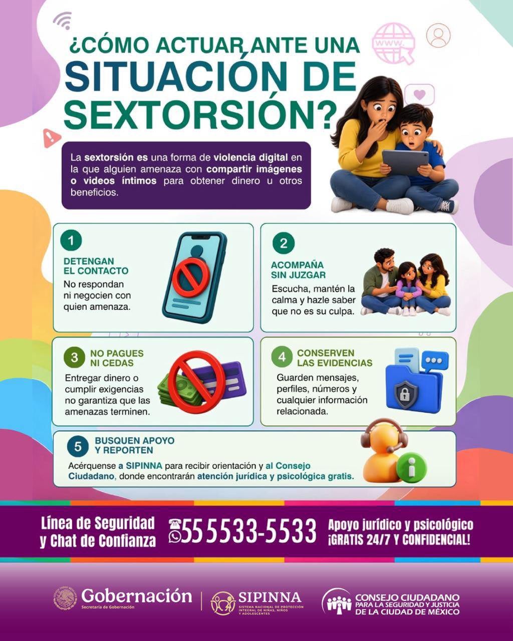 Una infografía del Gobierno de México y el Consejo Ciudadano detalla los pasos para actuar ante la sextorsión y ofrece líneas de atención jurídica y psicológica. (Consejo Ciudadano)