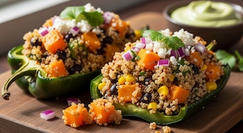 Primer plano de dos chiles poblanos verdes rellenos de quinoa, calabaza naranja, frijoles negros, maíz, cebolla morada y queso, sobre tabla de madera con salsa verde.