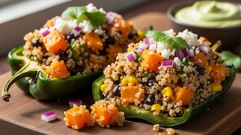 Chiles rellenos de quinoa y calabaza con almendras: opción vegetariana alta en fibra y proteínas