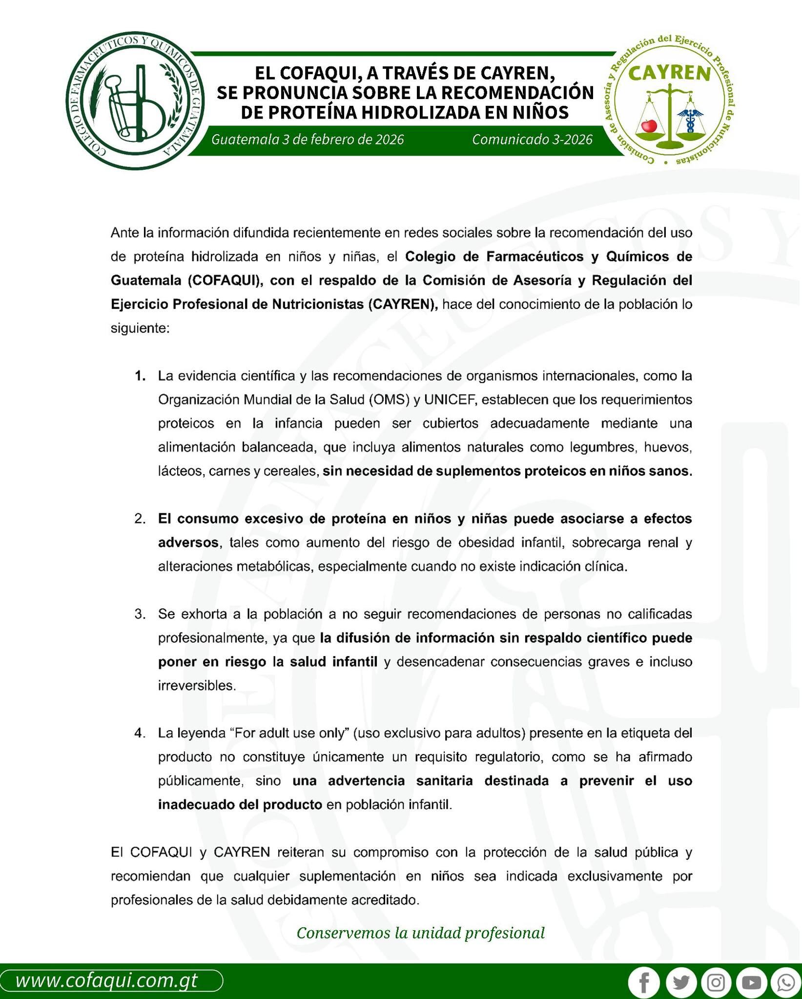 El comunicado señala que solo bajo indicación médica y evaluación profesional se deben administrar suplementos proteicos a menores. (Cortesía: Colegio de Farmacéuticos y Químicos de Guatemala)