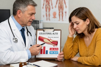 Un médico de bata blanca señala un gráfico de colesterol alto en una arteria a una mujer con expresión preocupada en una consulta médica.