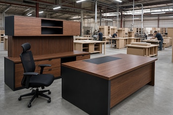 Un escritorio de madera, una silla negra y un mueble en primer plano, con operarios trabajando al fondo de un taller.