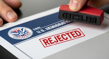 Primer plano macro de manos genéricas sosteniendo un sello "REJECTED" en rojo sobre un formulario oficial de inmigración de EE. UU. con el logo del Departamento de Seguridad Nacional.