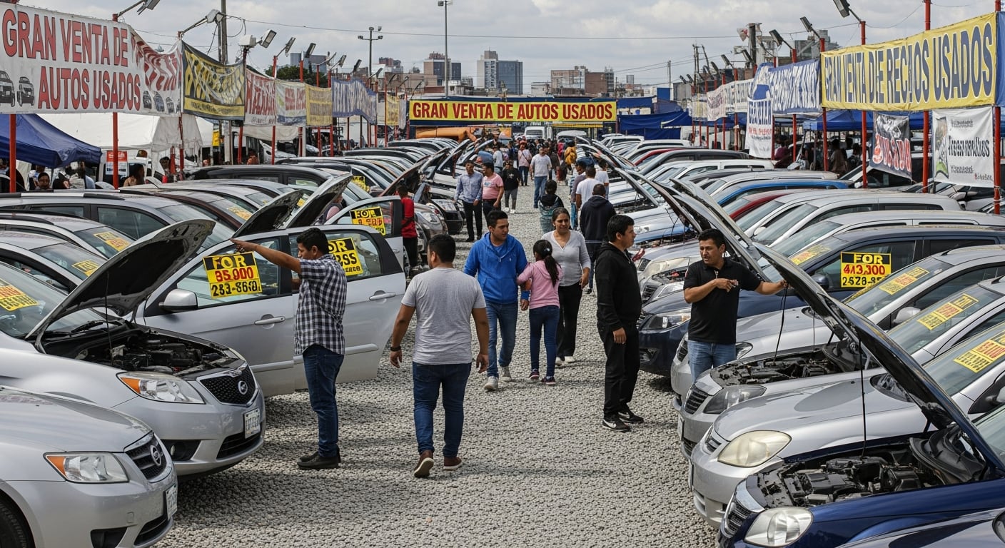 Numerosas personas asisten a un concurrido mercado al aire libre de autos usados, examinando los vehículos con capós abiertos y carteles de precios bajo la atenta mirada de vendedores. (Imagen Ilustrativa Infobae)