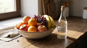 Un tazón de cerámica lleno de manzanas, naranjas, uvas y plátanos sobre una encimera de madera, junto a una botella de vinagre blanco. Una mosca está en la superficie.