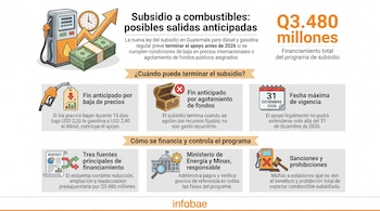 Infografía sobre el subsidio a combustibles con ilustraciones de surtidor, dinero, reloj, calendario, cofre, edificio y mazo. Contiene textos explicativos.