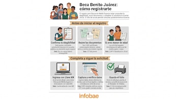 Infografía con seis recuadros ilustrados que explican la documentación requerida y los pasos para registrarse en un portal digital.