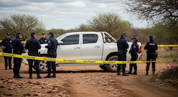 Una camioneta pickup blanca de doble cabina está estacionada en un camino de terracería, rodeada por cinta amarilla de "No pasar" y varios policías uniformados.