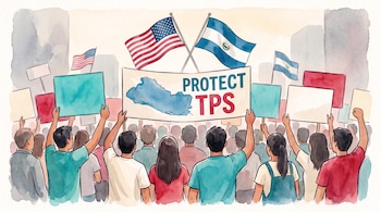 Personas de espalda sostienen carteles, banderas de Estados Unidos y El Salvador, y una pancarta con la frase Protect TPS y un mapa de El Salvador.