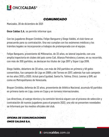 Comunicado del Once Caldas sobre