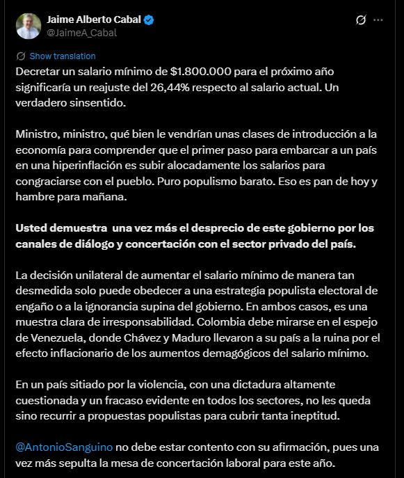 Fenalco rechaza el aumento del salario mínimo y advierte sobre riesgos económicos para el país - crédito @JaimeA_Cabal/X