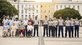 Dos grupos de personas en una plaza urbana: adultos mayores sentados y de pie a la izquierda, y jóvenes trabajadores de pie a la derecha. Edificios y árboles al fondo.