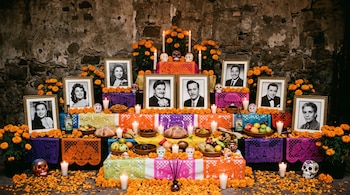 Altar escalonado con retratos enmarcados, flores de cempasúchil, velas, calaveras de azúcar, papel picado y alimentos frente a un muro de piedra.