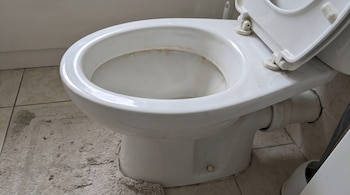 Inodoro blanco de cerámica con tapa levantada. Se aprecian manchas de sarro amarillento en el interior de la taza y suciedad en las bisagras y la base.
