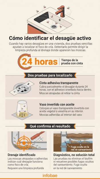 Infografía con ilustraciones de un lavabo con moscas, cinta adhesiva sobre un drenaje, un vaso invertido y tuberías de saneamiento.