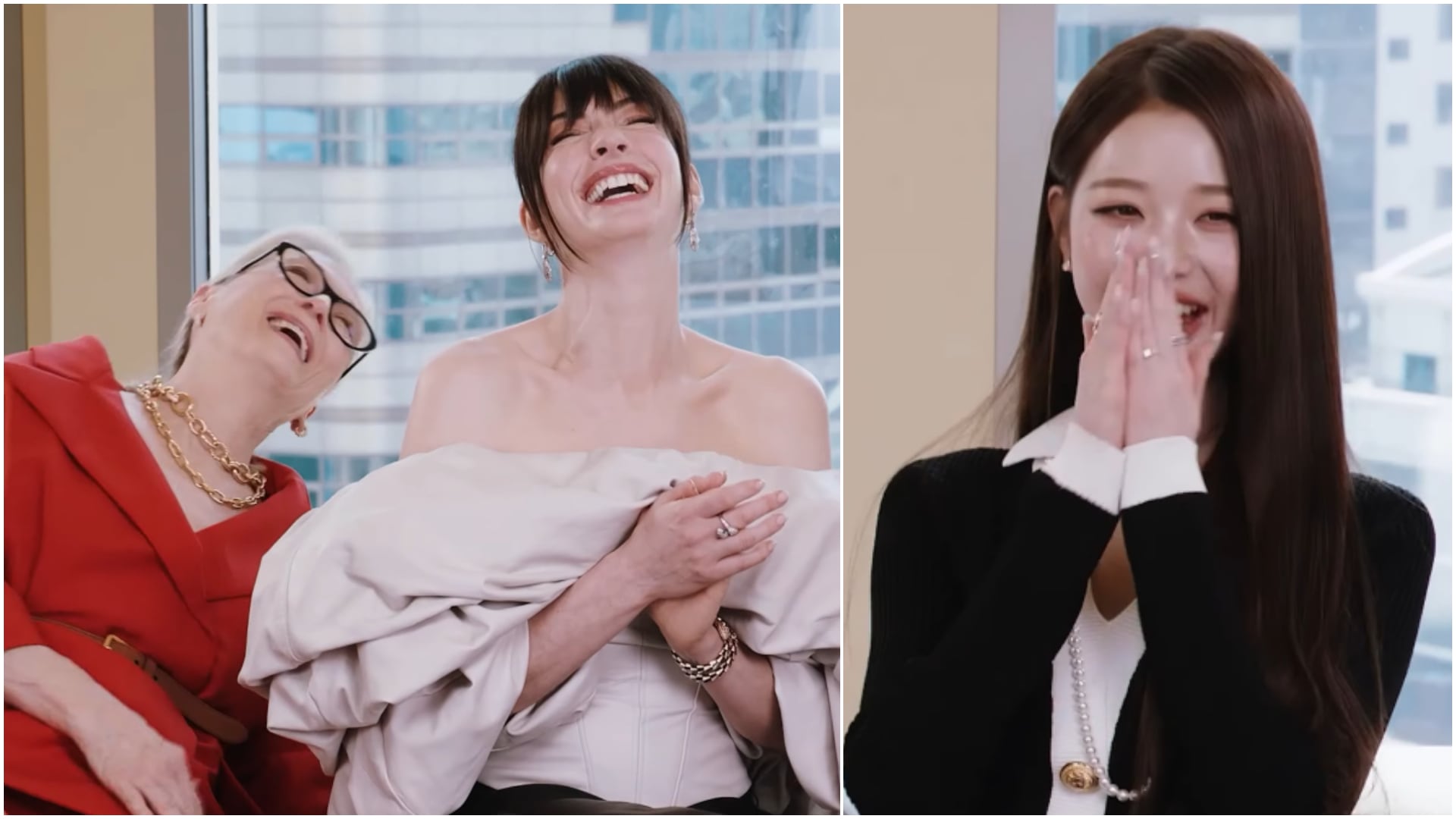 La reacción de Meryl Streep y Anne Hathaway ante la juventud de Jang Wonyoung se viralizó en redes por su contraste generacional (Captura de video)