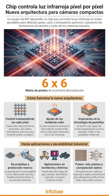 Infográficos de chip com linhas laranja, texto explicando suas funções, ícones para controle de pixels, ajuste e aplicações.