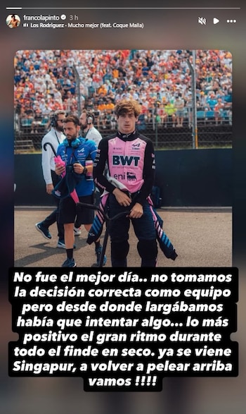 El posteo de Franco Colapinto tras el GP de Baréin en Malasia (@francolapinto)